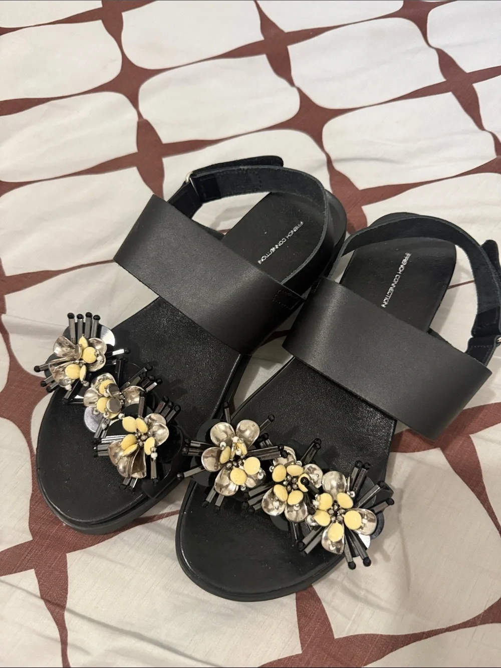 French Connection Black Slide Sandals with Yellow Floral Bead Accents